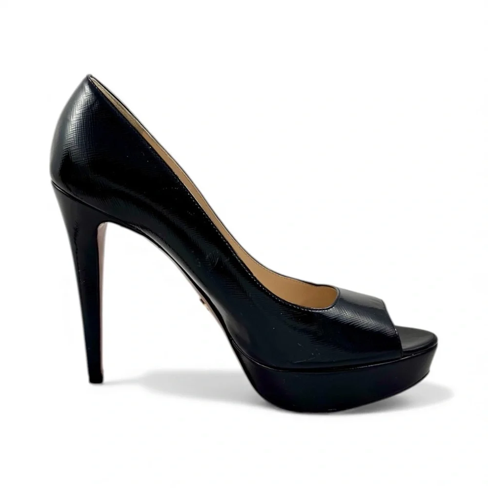 PRADA Vernice Saffiano leather peep toe platform pumps black size 39.5